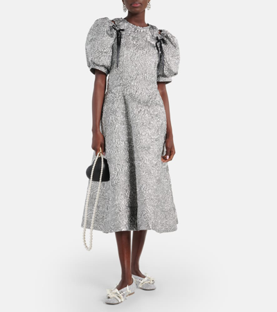Shop Simone Rocha Puff-sleeve Cloque Midi Dress In Silver