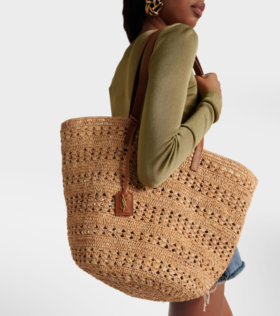 Saint Laurent Panier Medium Raffia Basket Bag In Naturel + Brick