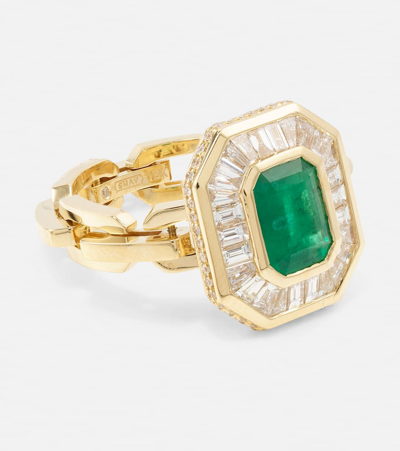 Shop Shay Jewelry Halo Mini 18kt Gold Ring With Emerald And Diamonds In Green