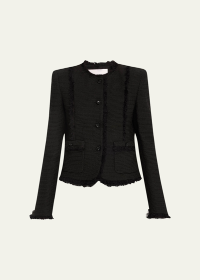 Shop Prabal Gurung Fringe Trim Tweed Boxy Jacket In Black Black