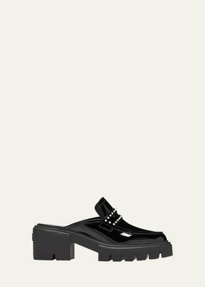 Shop Stuart Weitzman Soho Patent Pearly Penny Loafer Mules In Black