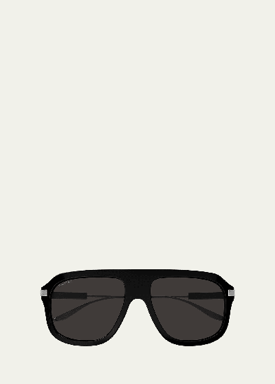 Shop Gucci Men's Gg Acetate Aviator Sunglasses In Shiny Solid Black