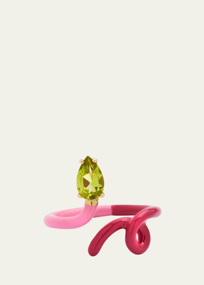 Shop Bea Bongiasca B Vine Ring In Bubblegum Pink And Amarena Enamel With Peridot Drop