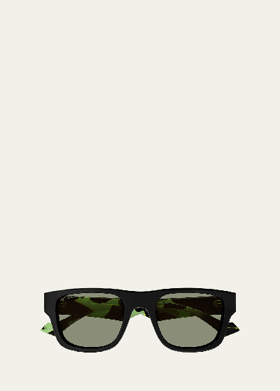 Shop Gucci Men's Acetate Rectangle Sunglasses In 005 Black Green