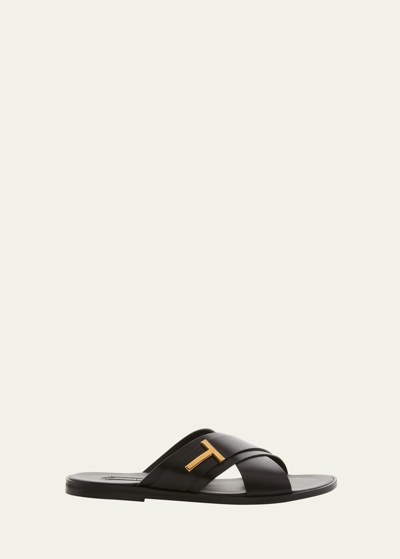 Shop Tom Ford Men's Preston Leather Crisscross Slide Sandals In Black