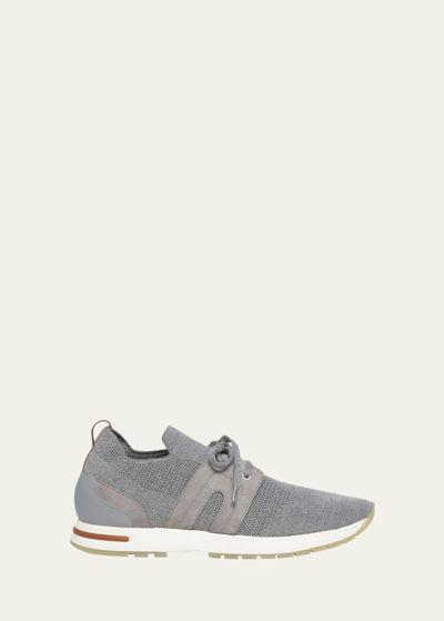 Shop Loro Piana Knit Lace-up Runner Sneakers In M579 Flannel Grey