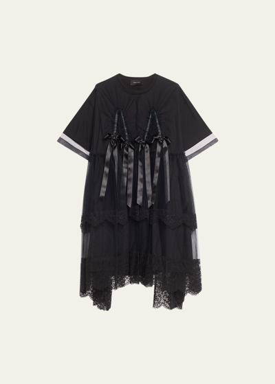Shop Simone Rocha Net Overlay Asymmetric Midi Dress With Ruched Bows In Black