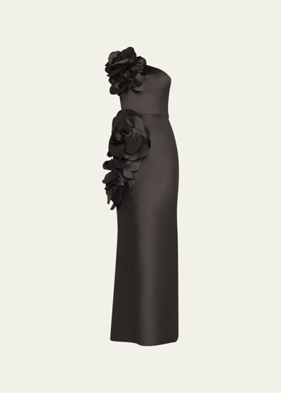Shop Marchesa 3-d Magnolia Flower One-shoulder Silk Gown In Black