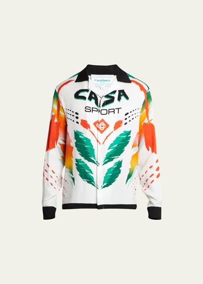 Shop Casablanca Men's Silk Motocross-print Camp Shirt In Casa Moto White
