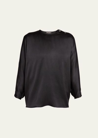 Shop Loro Piana Valery Button Shoulder Silk Blouse In 8000 Black