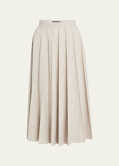 Shop Loro Piana Fumiko Pleated Midi Wool Linen Skirt In D0ka Suiseki Sand