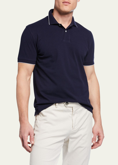 Shop Brunello Cucinelli Men's Solid Pique Polo Shirt In Cobalt Blue