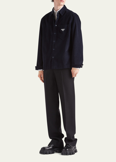 Shop Prada Men's Corduroy Snap-front Sport Shirt In Blu