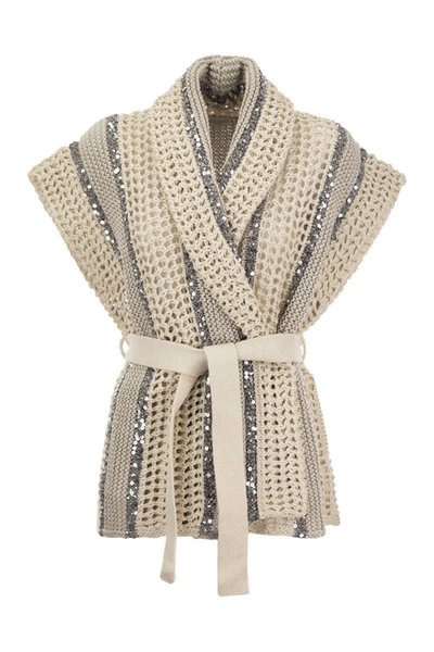 Shop Brunello Cucinelli Dazzling Stripe Cardigan In Jute, Linen, Cotton And Silk Net Stitch With Belt In Beige