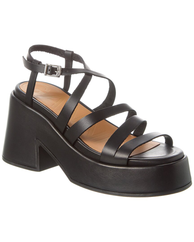 Shop Ganni Asymmetrical Platform Leather Wedge Sandal In Black