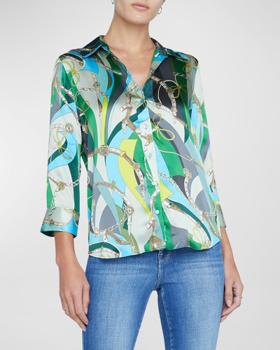 Shop L Agence Dani Belt Swirl Printed Silk Blouse In Sea Green Multi