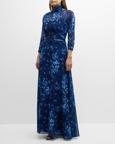 Shop Rickie Freeman For Teri Jon Floral-print Turtleneck Chiffon Gown In Navy Multi