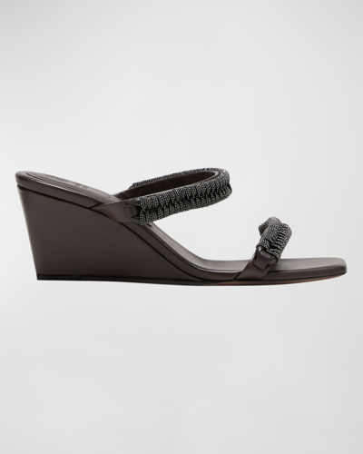 Shop Brunello Cucinelli Monili Dual-band Slide Wedge Sandals In C8279 Testa Moro