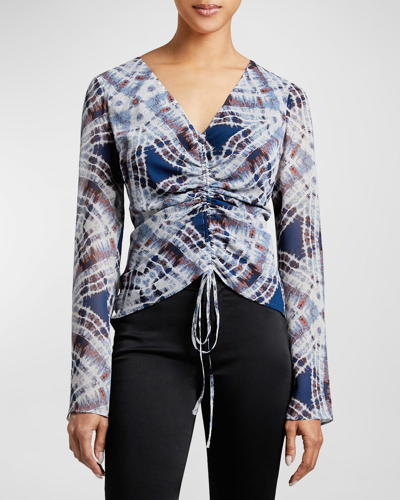 Shop Santorelli Ravela Ruched Abstract-print Blouse In Cloud