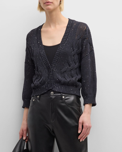 Shop Peserico Cropped Cable-knit Sequin Cardigan In Ink Blue