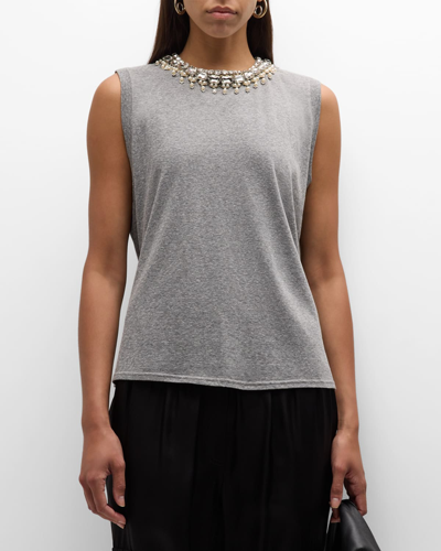 Shop Cinq À Sept Brielle Faux-pearl Necklace Embellished T-shirt In Heather Grey