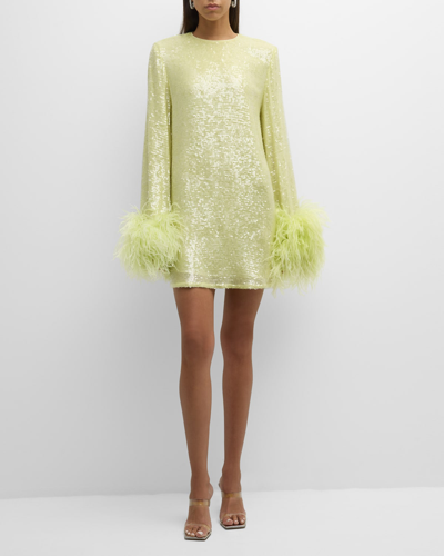 Shop Lapointe Feather-cuffs Long-sleeve Sequin Viscose Mini Shift Dress In Limon