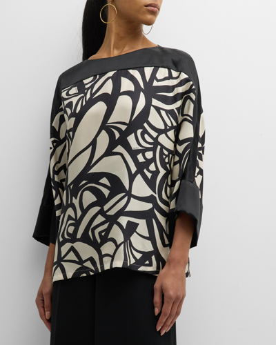 Shop Max Mara Quaglia Abstract-print 3/4-sleeve Silk Blouse In White Black