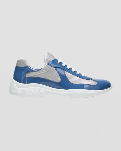 Shop Prada Men's America's Cup Patent Leather Patchwork Sneakers In Aviation Blue Sil