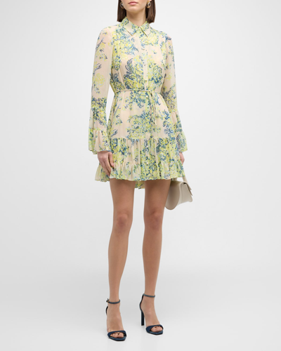 Shop Cinq À Sept Lyra Floral Bell-sleeve Mini Shirt Dress In Light Plaster Mul