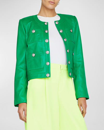 Shop L Agence Jayde Collarless Leather Jacket In Sea Green