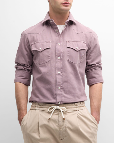 Shop Brunello Cucinelli Men's Cotton Snap-front Western Shirt In Purple