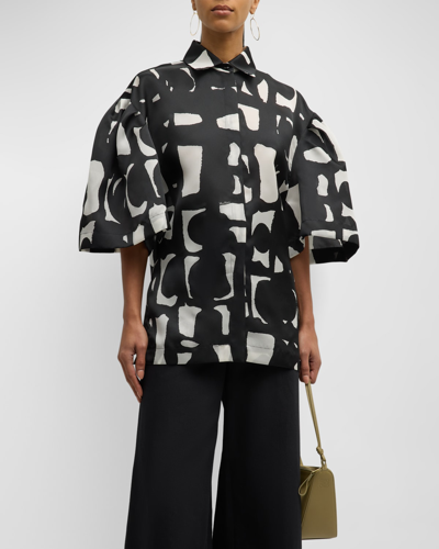 Shop Max Mara Carella Abstract-print Puff-sleeve Collared Shirt In White Black