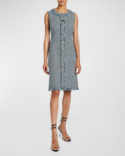 Shop Santorelli Laura Sleeveless Fringe-trim Tweed Midi Dress In Electric Blue