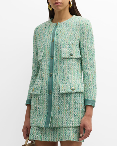 Shop St John Grosgrain-trim Metallic Slub And Tape Tweed Jacket In Jade Multi