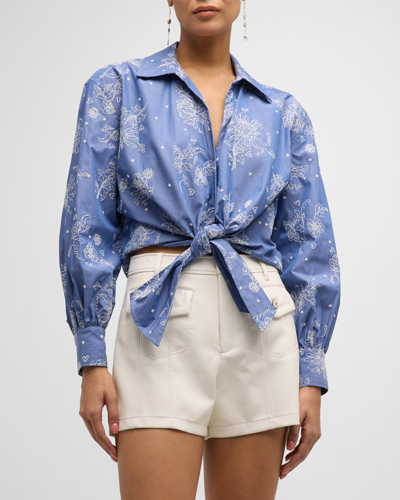 Shop Cinq À Sept Abrielle Embroidered Cotton Tie-front Top In Chambray/white