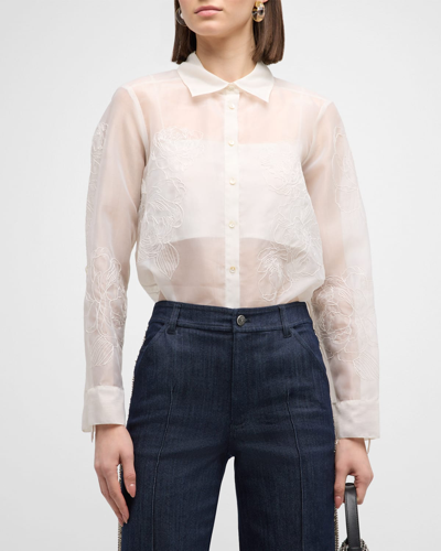 Shop Cinq À Sept Luna Embroidered Organza Button-front Shirt In Ivory