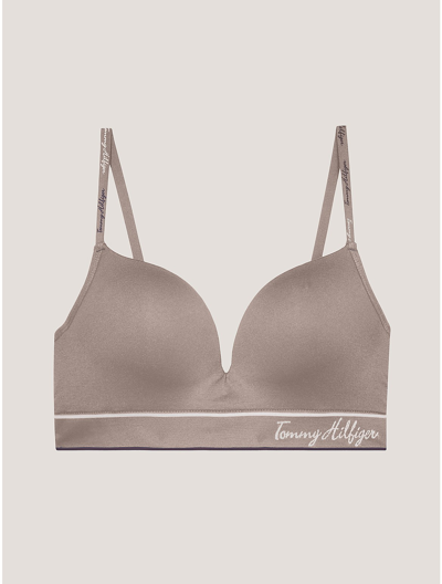 Shop Tommy Hilfiger Signature Logo Push Up Bralette In Balanced Beige