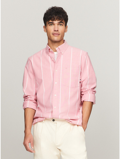 Shop Tommy Hilfiger Regular Fit Stripe Oxford Shirt In Deep Crimson Fruit/optic White