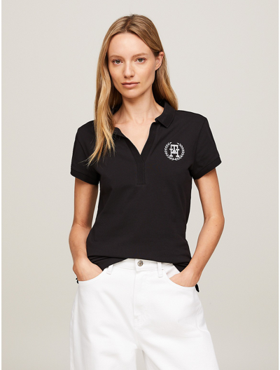 Shop Tommy Hilfiger Embroidered Laurel Open Placket Polo In Black