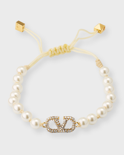Shop Valentino Strass Logo On Pearly Bracelet In Cream