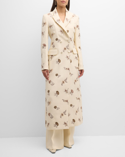 Shop Adam Lippes Floral-embroidered Double-breasted Silk-wool Long Manteau Coat In Ivoryblush