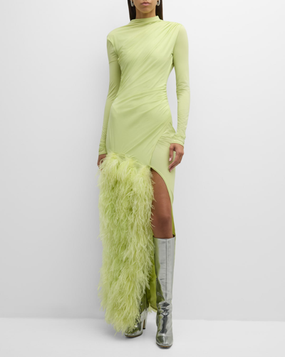 Shop Lapointe Feather Draped Lightweight Matte Jersey Maxi Dress In Limon