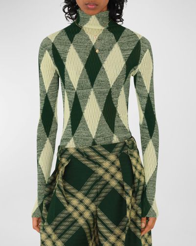 Shop Burberry Argyle Cotton Silk Turtleneck Sweater In Ivy Ip Pattern