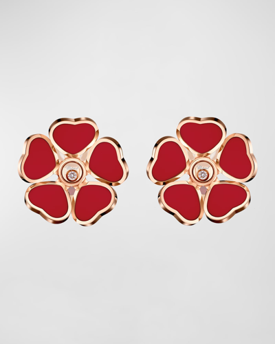 Shop Chopard Happy Hearts 18k Rose Gold Red Stone Flower & Diamond Earrings In 15 Rose Gold