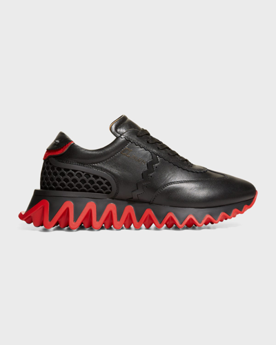 Shop Christian Louboutin Men's Loubishark Flat Leather Red-sole Runner Sneakers In Black Loubi Red