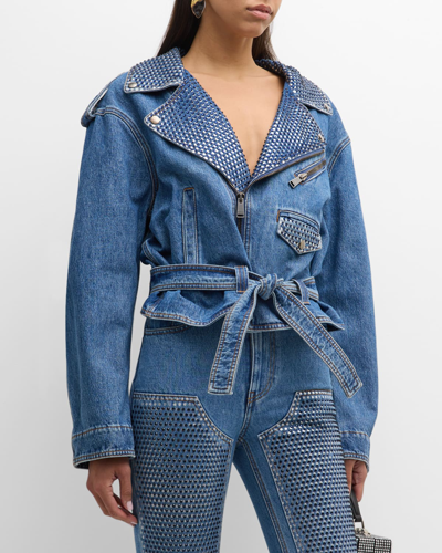 Shop Area Crystal-embellished Crop Denim Moto Jacket In Medium Indigo