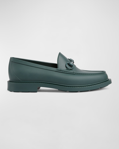 Shop Gucci Men's New Dark Rubber Bit Loafers In Vintage Green