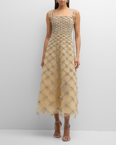 Shop Oscar De La Renta Crystal Grid And Bow Tea-length Sleeveless Dress