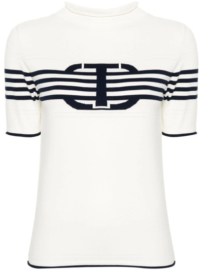 Shop Twinset Short Sleeves High Neck Striped Sweater With Logo In White