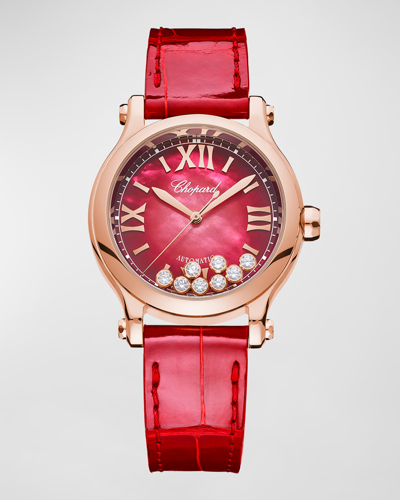 Shop Chopard Happy Sport 33mm 18k Rose Gold Diamond & Red Dial Watch In 15 Rose Gold